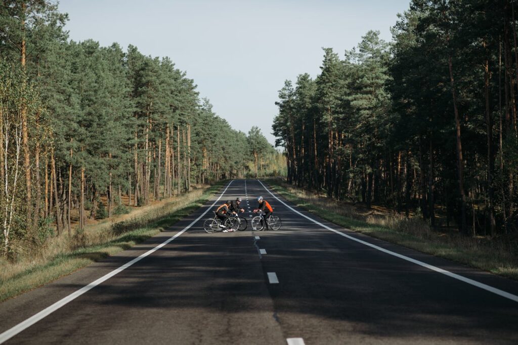 Group of cyclists enjoying a ride on an open road through a picturesque forest setting.